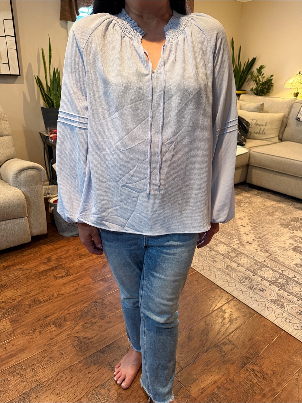 Elegant Light Blue Smocked Neck Blouse - Picture 11 of 15